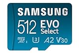 Samsung EVO Select 512GB, microSD, A2, V30, 130 MB/s, FHD, 4K UHD, tarjeta de memoria con adaptador para Smartphone, Tablet, Cámara de Acción, Drone o Notebook (MB-ME512KA)